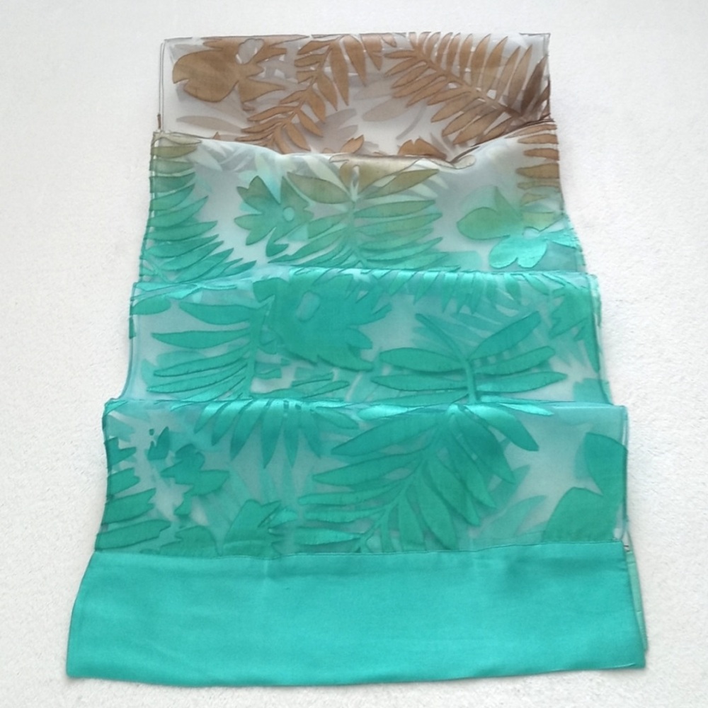 Kavita 100% Silk Aqua Painted Long Scarf In Teal, Sky Blue & Earth Tone Browns - Picture 14 of 15